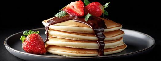 Stack of pancakes with chocolate sauce and strawberries photo