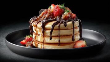 A stack of pancakes with strawberries and chocolate sauce photo
