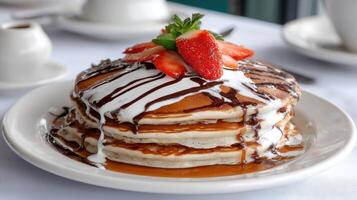 A stack of pancakes with chocolate syrup and strawberries photo