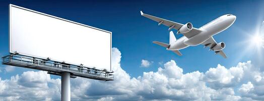 An airplane flying over a billboard with a blank sign photo