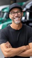 A smiling man in glasses and a black shirt standing in front of trucks photo