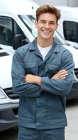A man standing in front of a row of vans photo