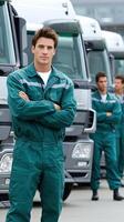 A man standing in front of a row of trucks photo
