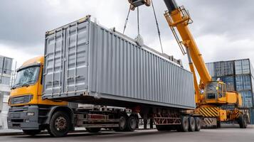 A truck is lifting a container onto a truck photo