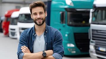 A man standing in front of a line of trucks photo