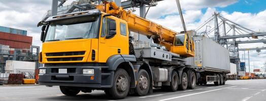 A large truck with a crane on it photo
