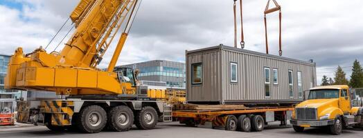 A crane lifts a small house onto a truck photo
