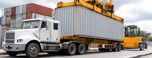 A large truck is driving down the road with a container on the back photo