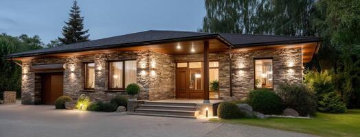 A home with stone exterior and a driveway photo