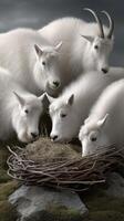 A group of goats are sitting in a nest photo