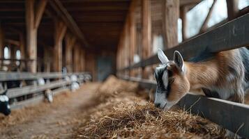 A goat eating hay in a barn photo