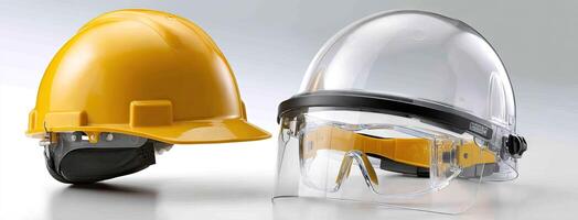 Two helmets and a face shield on a white surface photo