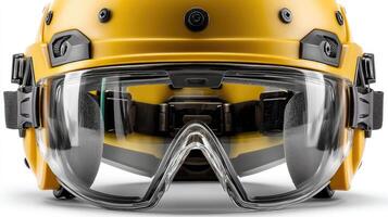 A yellow helmet with clear goggles on it photo
