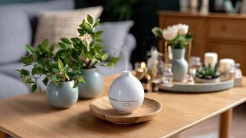 A white air purifier sitting on a table next to a vase of flowers photo