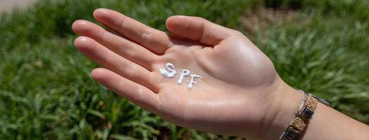 A person's hand holding a bottle of sunscreen photo