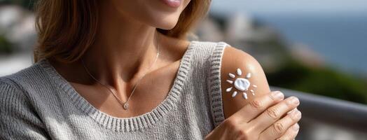 A woman is holding a sun cream on her arm photo