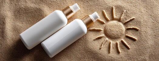 Two bottles of sunscreen on a sandy beach photo