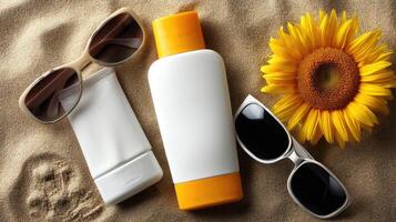 Sunflower, sunglasses, sunscreen and sunglasses on sand photo