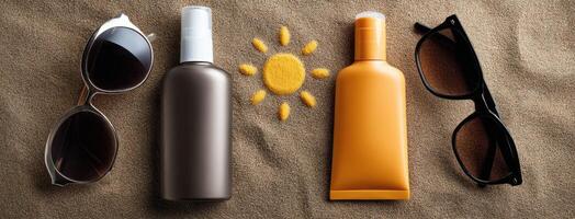 Sunscreen, sunglasses and a bottle of sunscreen on a beach photo