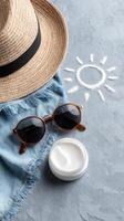 Sun hat, sunglasses, sunscreen cream and sun cream photo