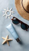 A hat, sunglasses, sunscreen and starfish on a blue surface photo