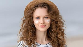 A woman with a hat and sunscreen on her face photo
