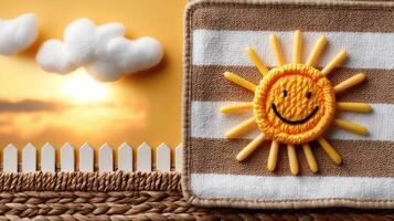 A towel with a sun on it and a white fence photo