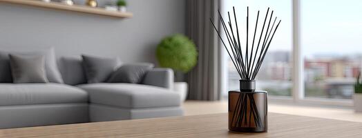 A vase with black sticks on a table in front of a couch photo