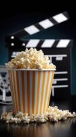 A bucket of popcorn and a clapper on a table photo