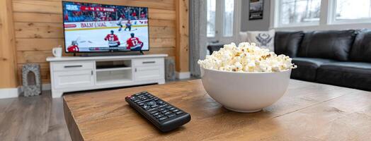 A bowl of popcorn sits on a table next to a remote control photo