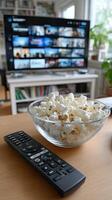 A bowl of popcorn sitting on a table next to a remote control photo