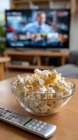 A bowl of popcorn and a remote control on a table in a living room photo
