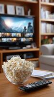 A bowl of popcorn and remote control on a table in front of a tv photo