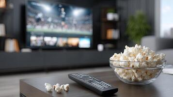A remote control and a bowl of popcorn on a table photo