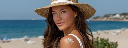 A woman in a hat and white shirt on the beach photo