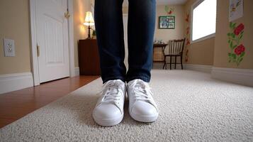 A person standing on a carpeted floor with their feet on a chair photo