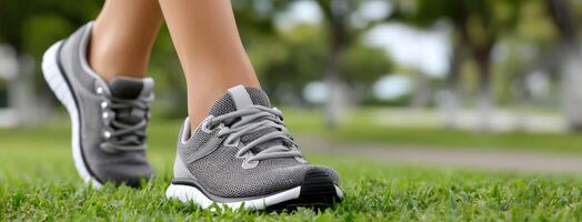 A woman's feet in running shoes on grass photo
