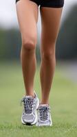 A woman's legs are in the grass photo