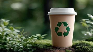 Recycle paper cup on a tree stump photo