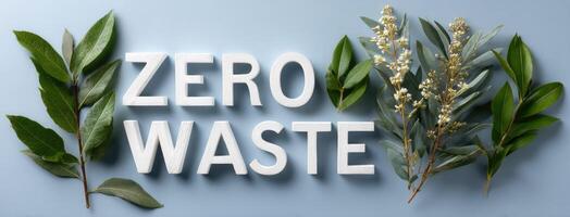 Zero waste concept with green leaves and white text on blue background photo