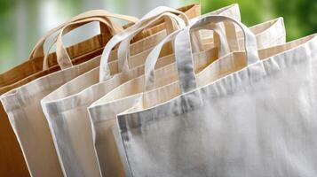 A group of four white and brown canvas bags photo