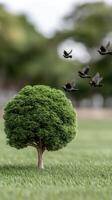 A tree with birds flying around it photo