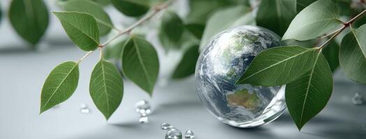 Earth globe on green leaves with water drops 3d image photo