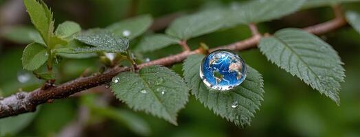 A water drop on a tree branch with leaves photo