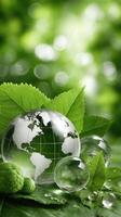 Green earth globe with leaves and water drops on a green background photo