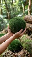 A person holding a green moss ball in their hands photo