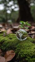 A small plant growing in a glass globe on the ground photo