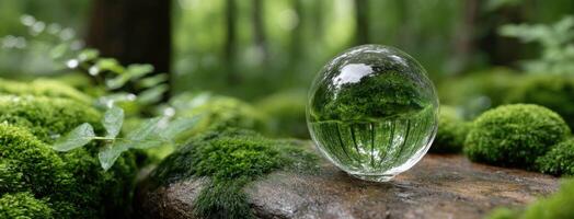 A glass ball sitting on top of a moss covered rock photo