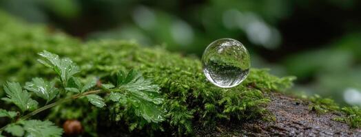 A small glass ball sitting on top of a moss covered tree photo