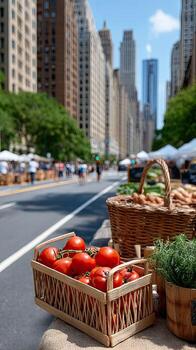 A basket of tomatoes and a basket of vegetables on a table photo